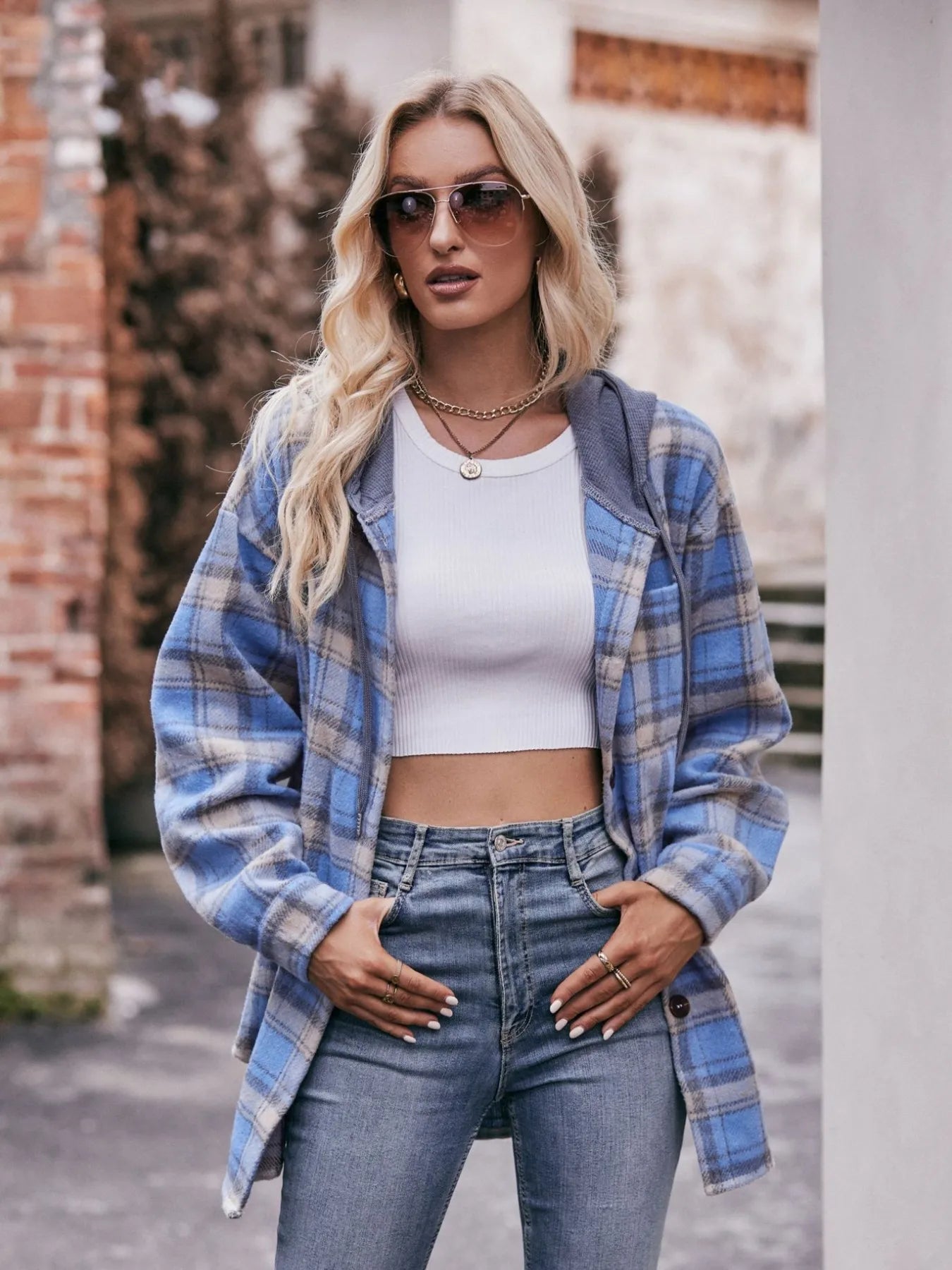 Oversized Plaid Button-Up Shacket – Lightweight Casual Layer Light Blue - Fashorio