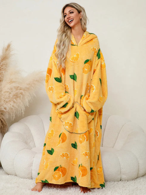 Fuzzy Pocketed Long Sleeve Hooded Lounge Dress Yellow One Size - Fashorio