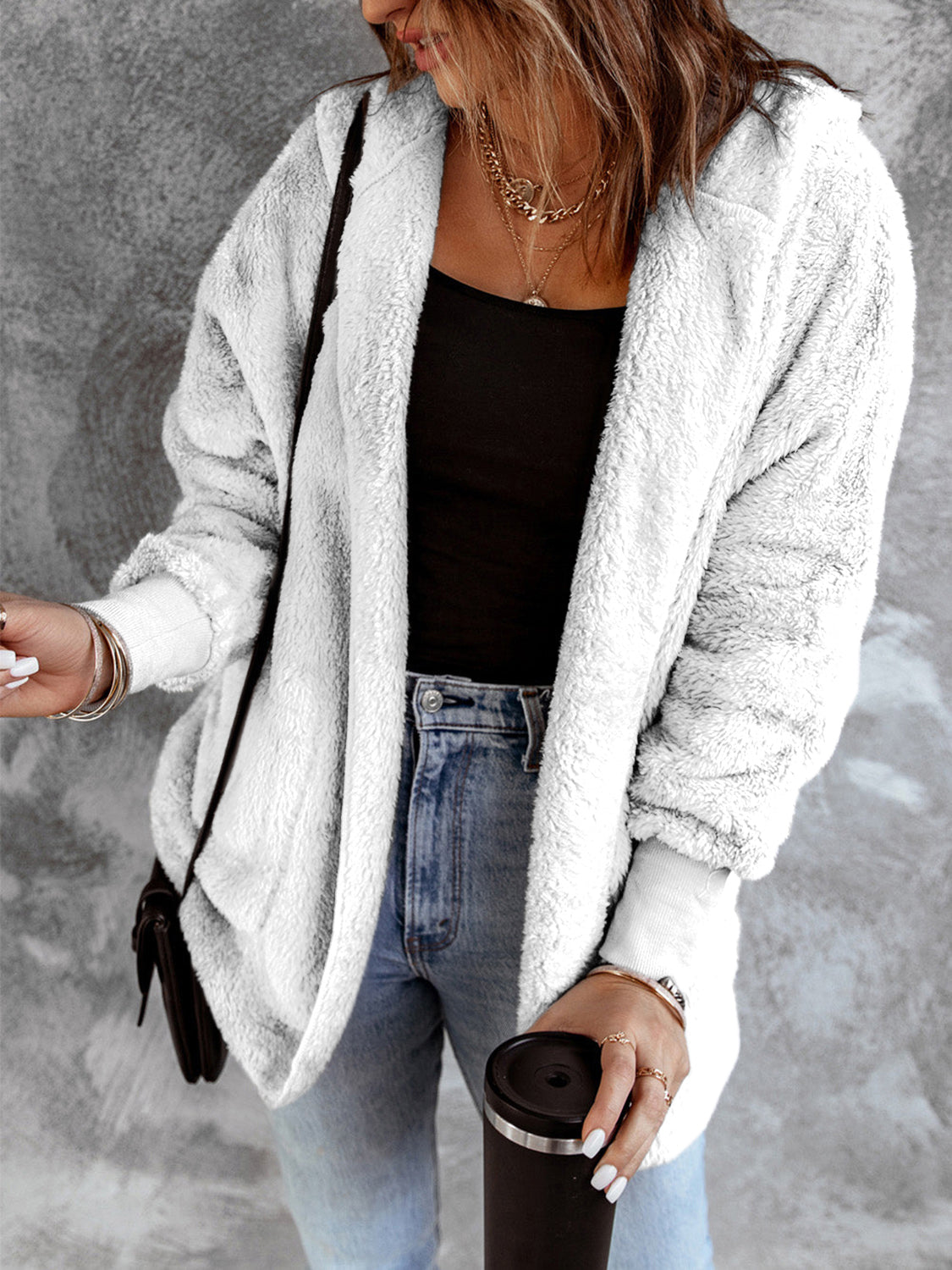 Open Front Hooded Faux Fur Outwear with Pockets - Fashorio