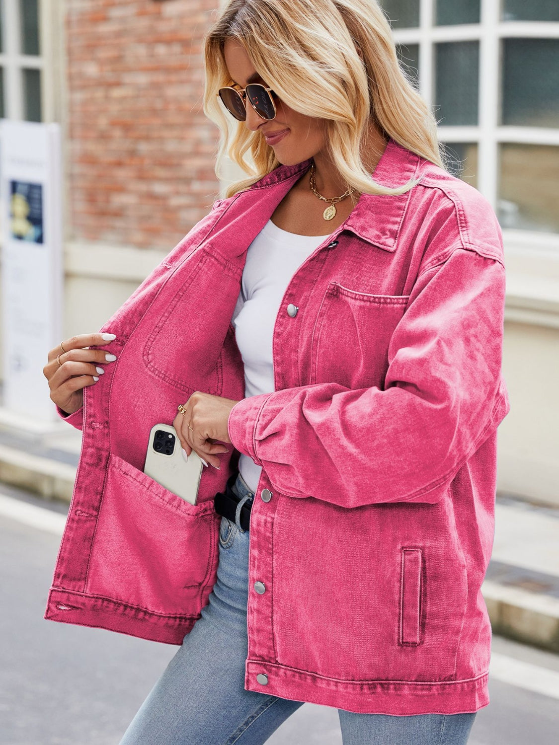 Button Up Denim Jacket with Pockets - Fashorio