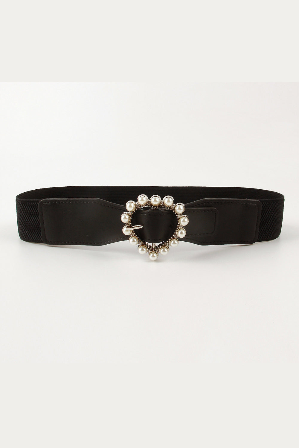 Pearl Heart Buckle Elastic Belt Black One Size - Fashorio