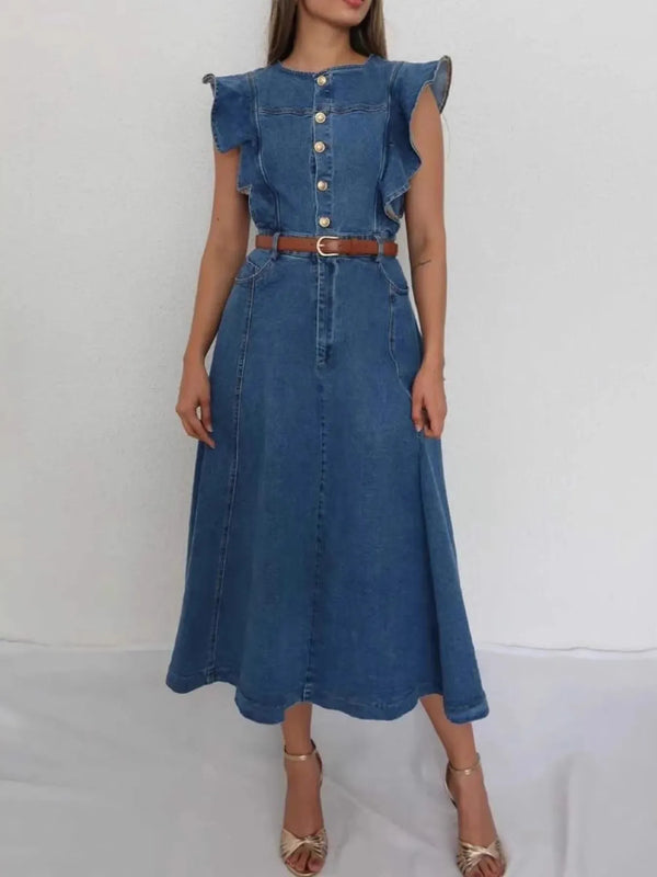 Button-Front Ruffle Sleeve Denim Midi Dress Blue - Fashorio