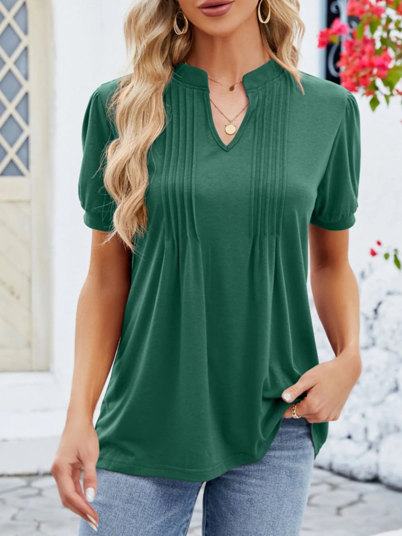 Notched Short Sleeve T-Shirt - Fashorio