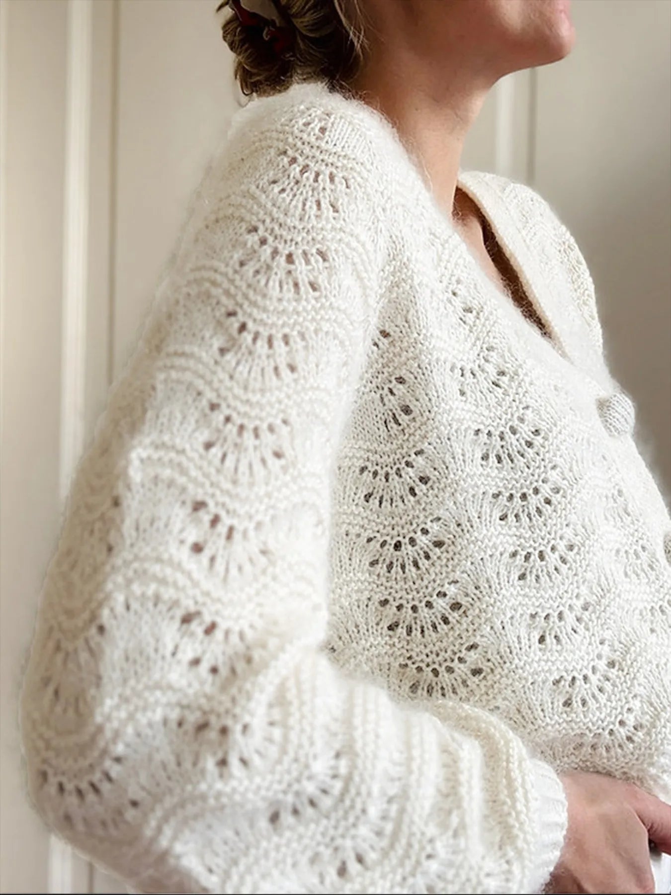 Openwork V-Neck Button Down Cardigan - Fashorio