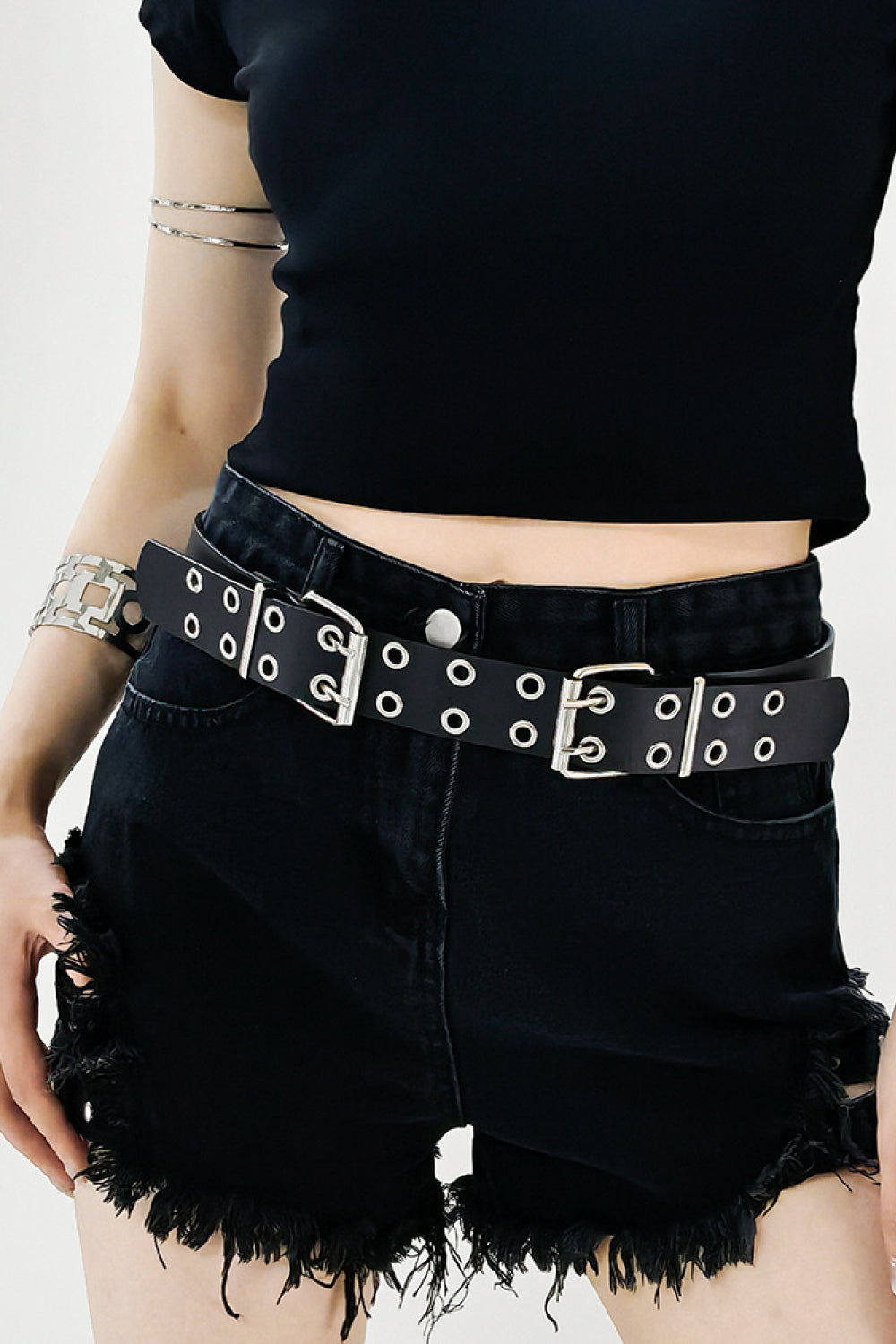 PU Leather Two Row Eyelet Belt Black One Size - Fashorio