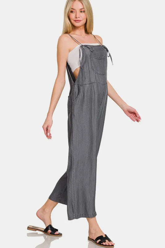 Zenana Washed Adjustable Strap Wide Leg Denim Overalls - Fashorio