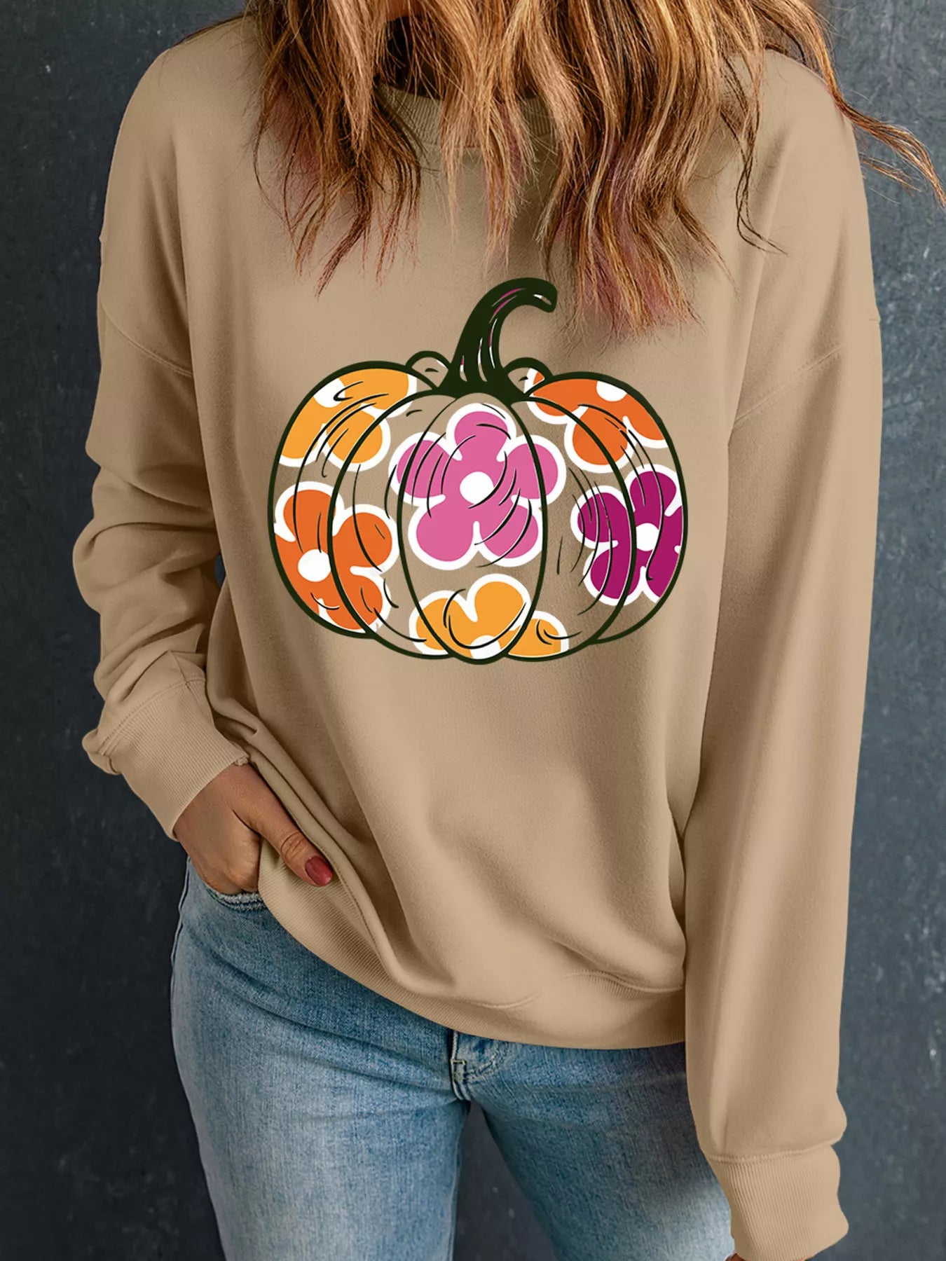 Halloween Floral Pumpkin Graphic Drop Shoulder Sweatshirt - Fashorio