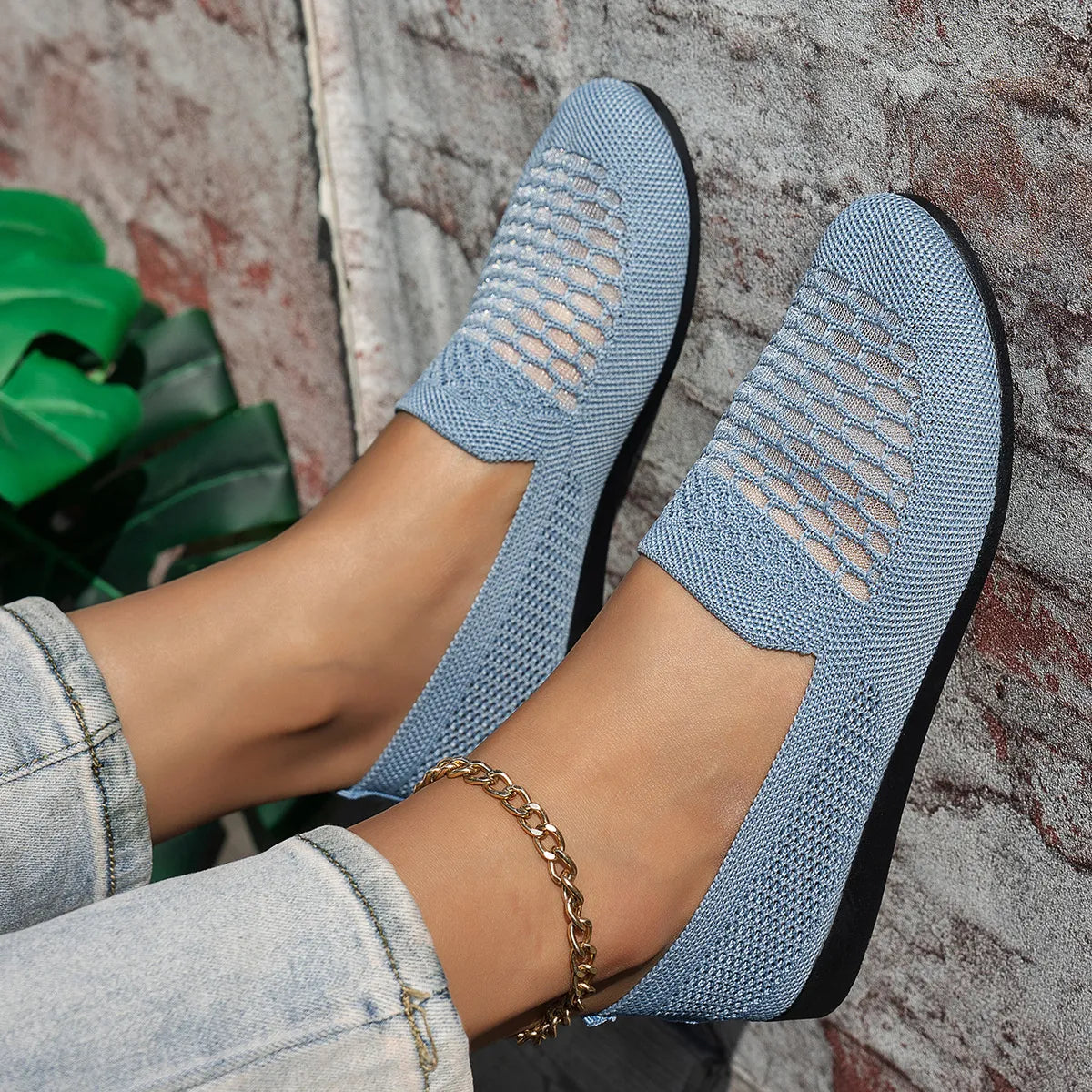 Mesh Breathable Slip-On Loafers with Perforated Design Light Blue - Fashorio