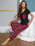 Heart Graphic V-Neck Top and Plaid Pants Lounge Set - Fashorio