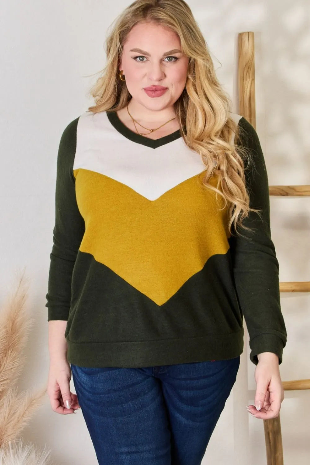 Hailey & Co Full Size Colorblock V-Neck Blouse - Fashorio