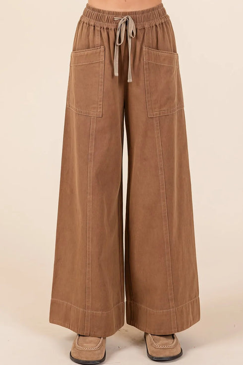 Mittoshop Mineral Wash Wide Leg Elastic Waist Twill Pants COCOA - Fashorio