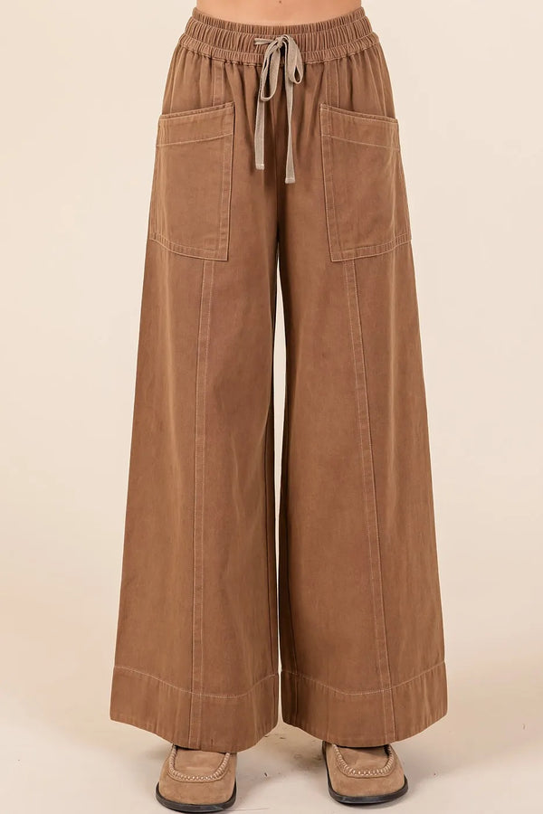 Mittoshop Mineral Wash Wide Leg Elastic Waist Twill Pants COCOA - Fashorio