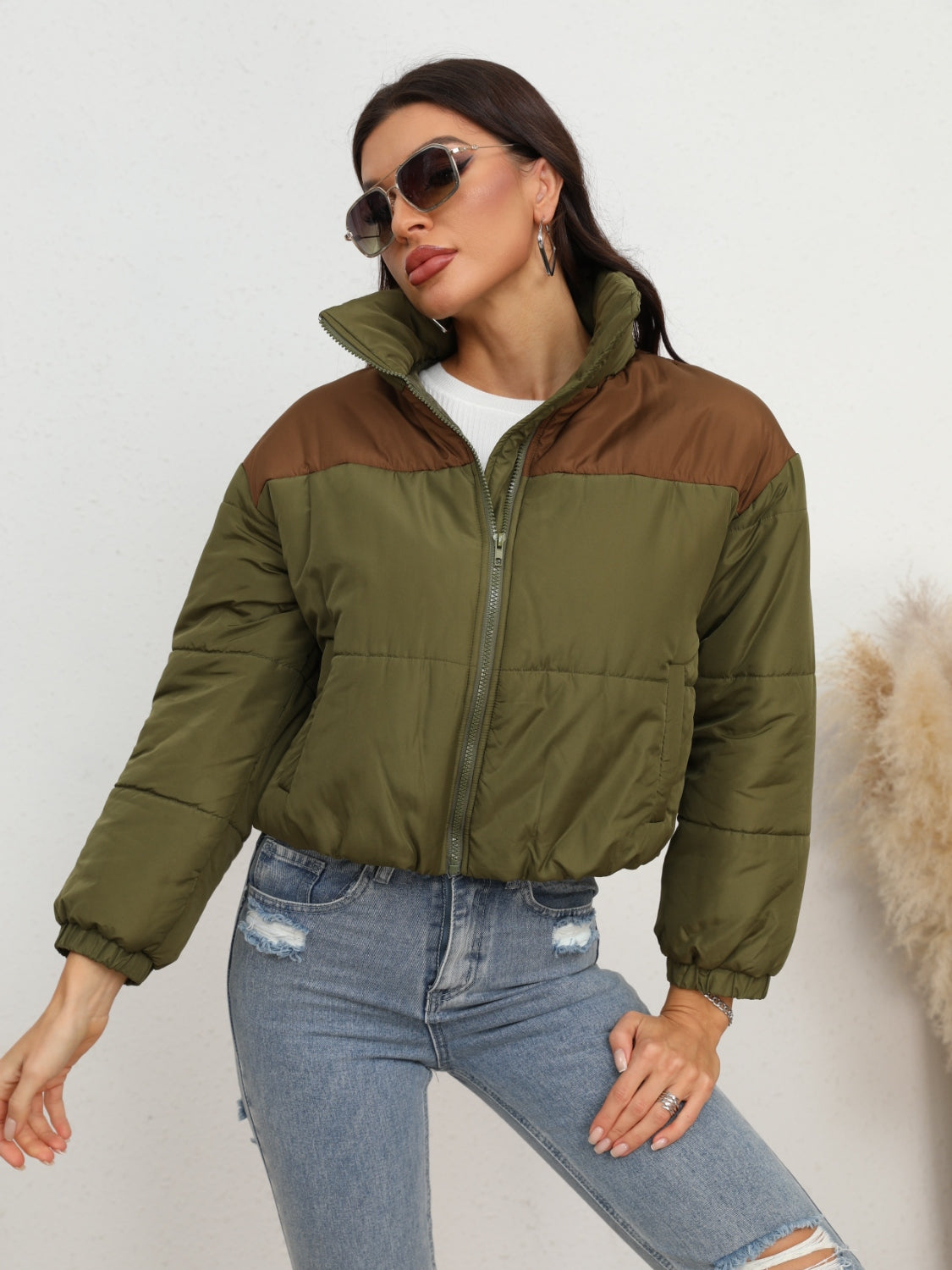 Two-Tone Zip-Up Puffer Jacket - Fashorio