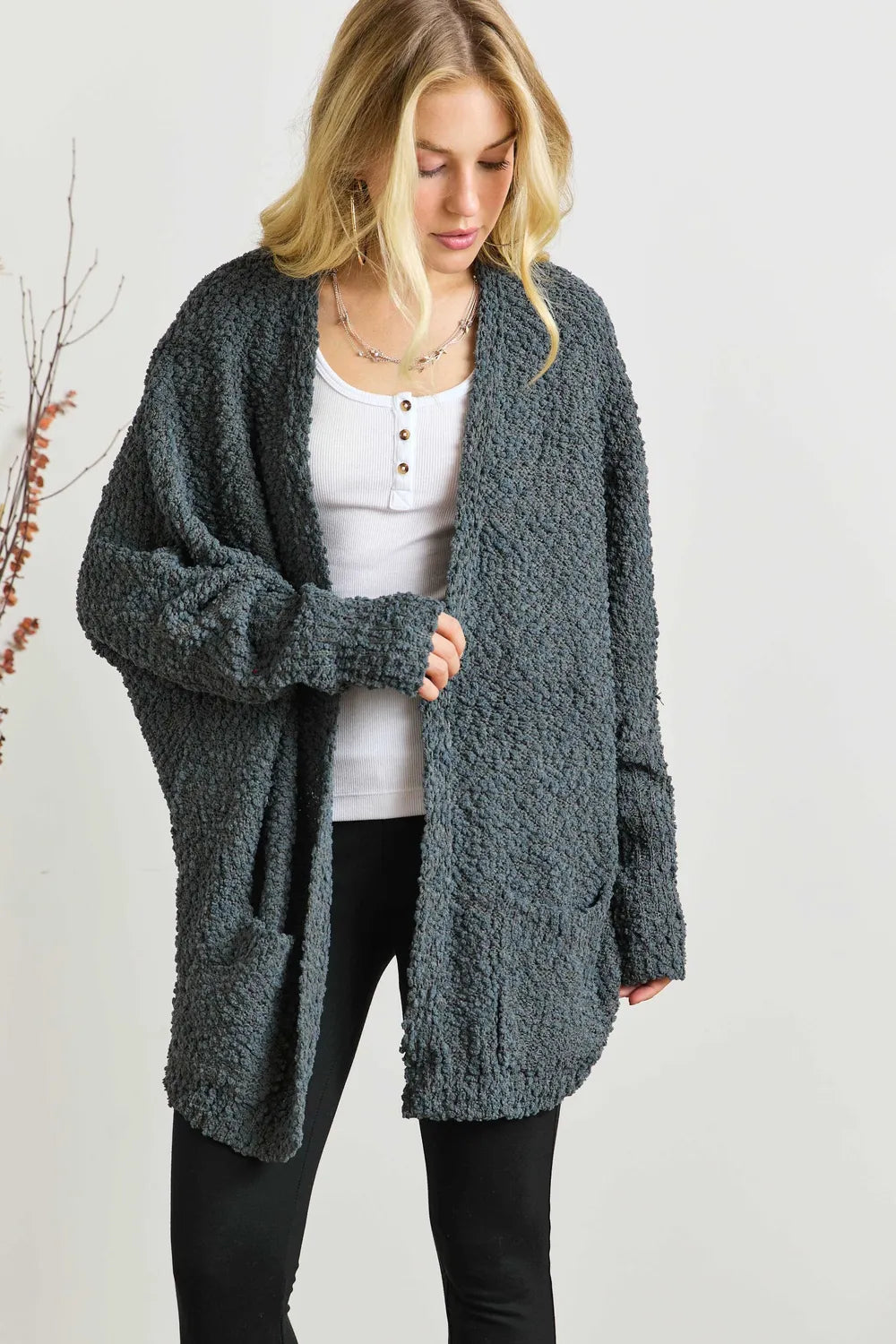 ADORA Popcorn Knit Open Front Long Sleeve Cardigan - Fashorio