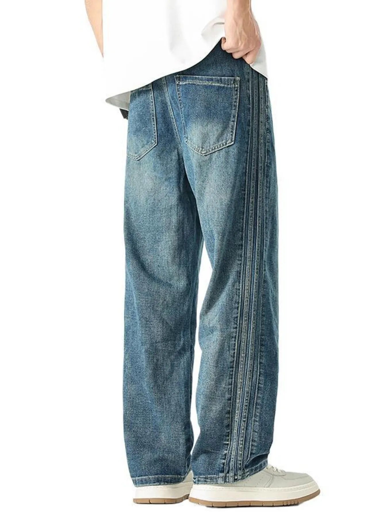 Men's Plus Size Vintage Straight Leg Jeans with Side Stripes - Fashorio
