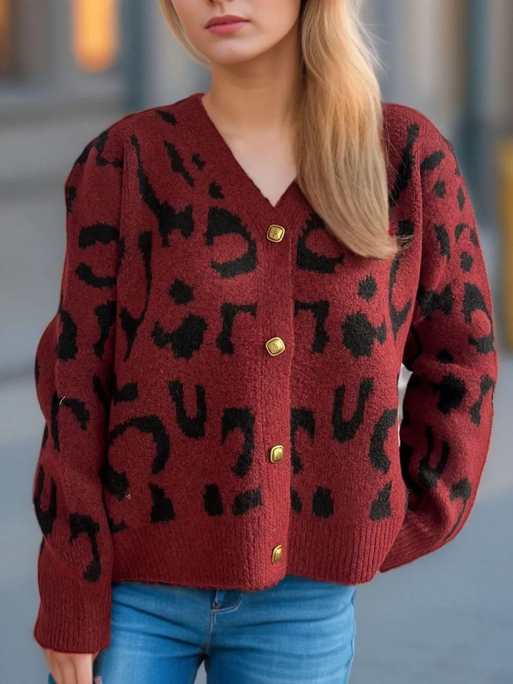 Leopard V-Neck Button Up Cardigan Burgundy One Size - Fashorio