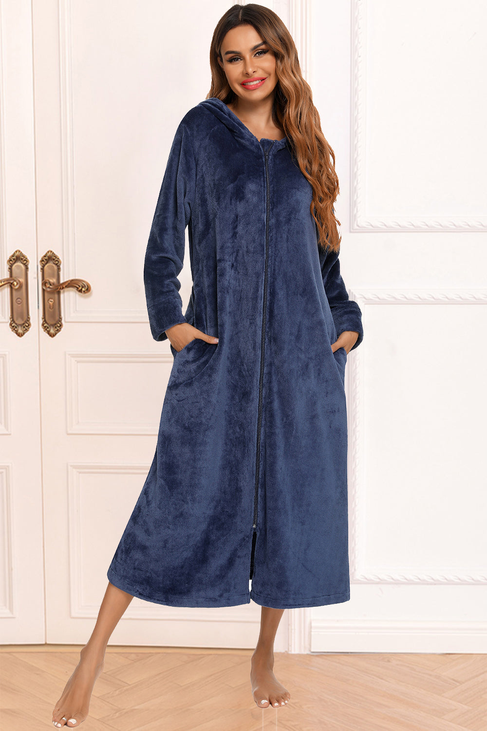 Zip Front Hooded Night Dress with Pockets Navy - Fashorio