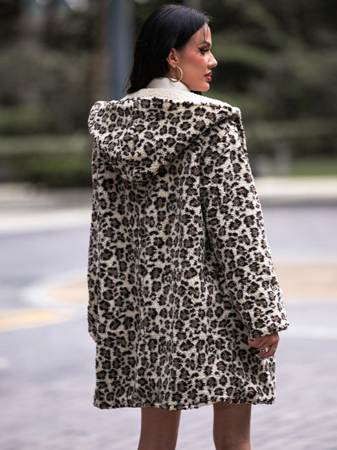 Shiny Leopard Hooded Coat with Pockets - Fashorio