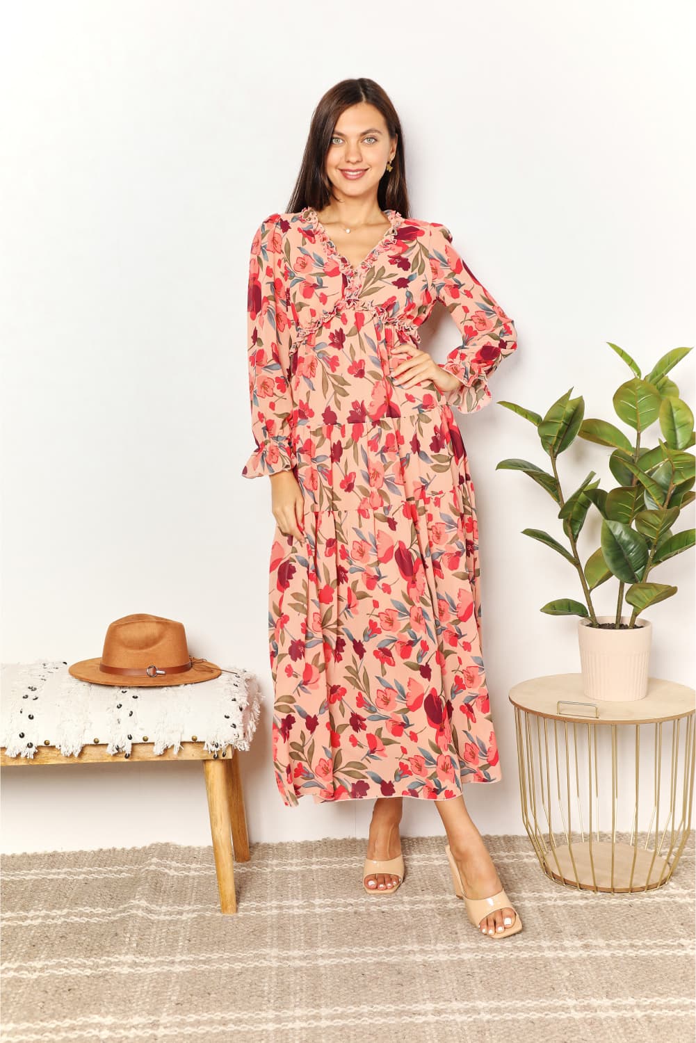 Double Take Floral Frill Trim Flounce Sleeve Plunge Maxi Dress - Fashorio