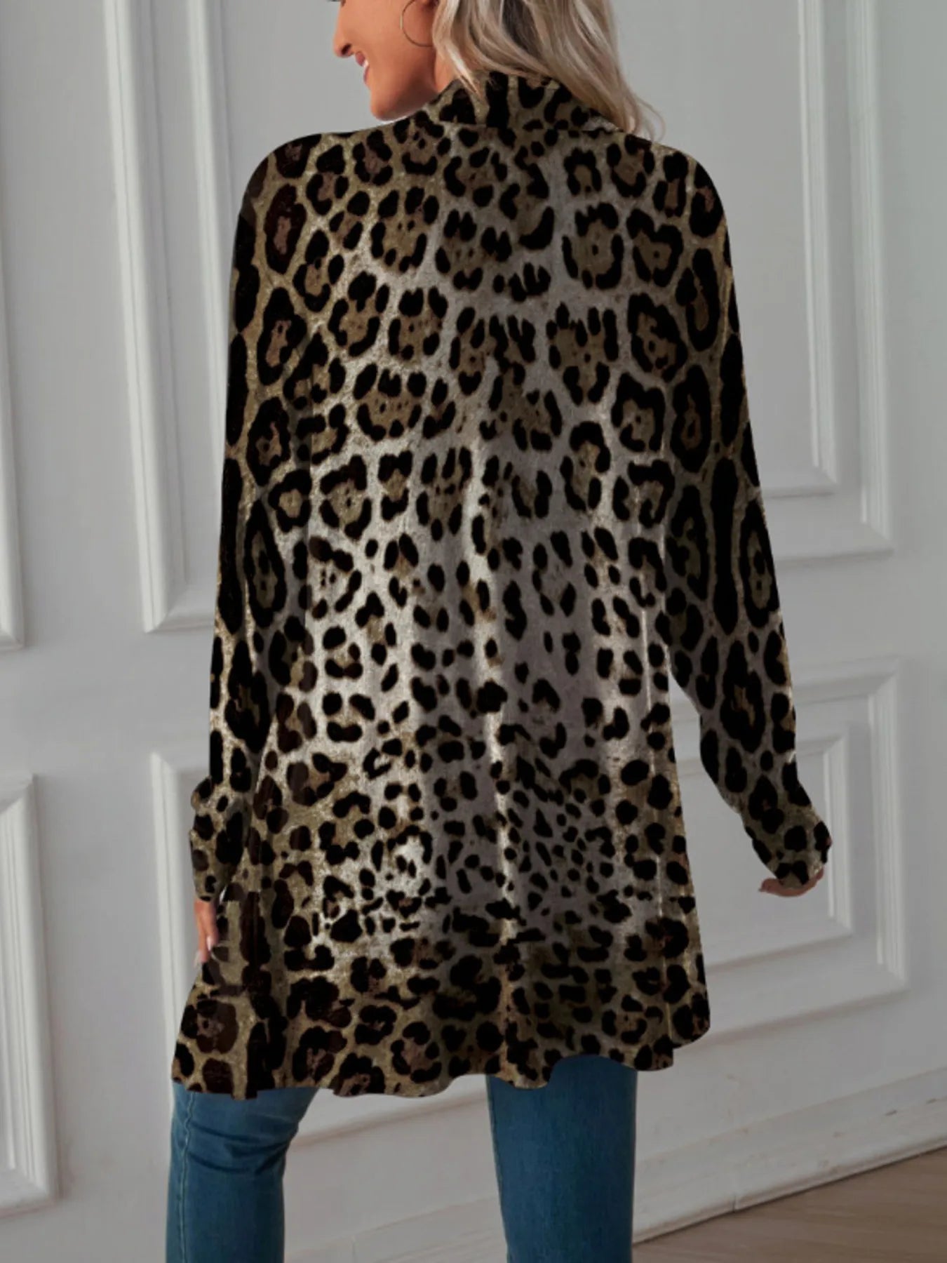 Leopard Print Long Open Front Cardigan - Fashorio