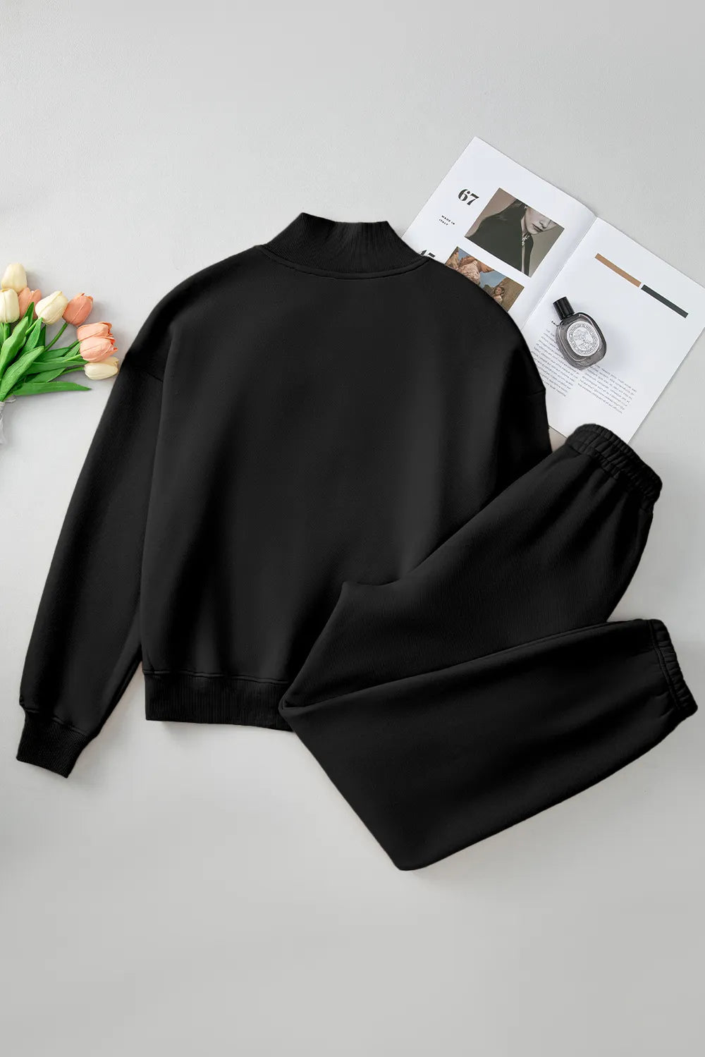 Quarter Zip Long Sleeve Top and Pants Set - Fashorio