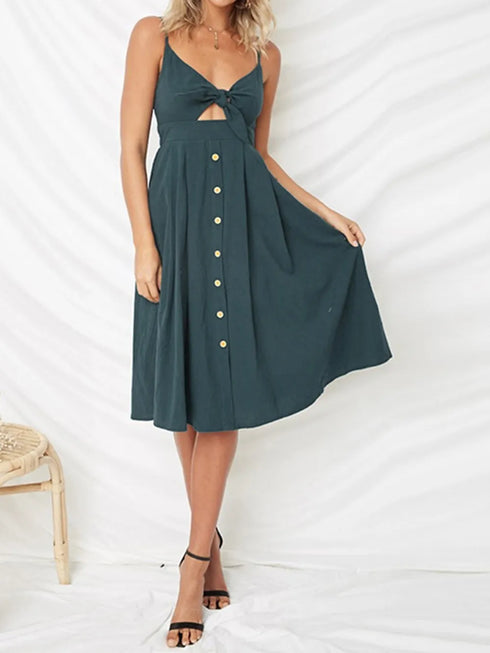 Smocked Sweetheart Cami Dress with Cutout & Tie Detail - Fashorio