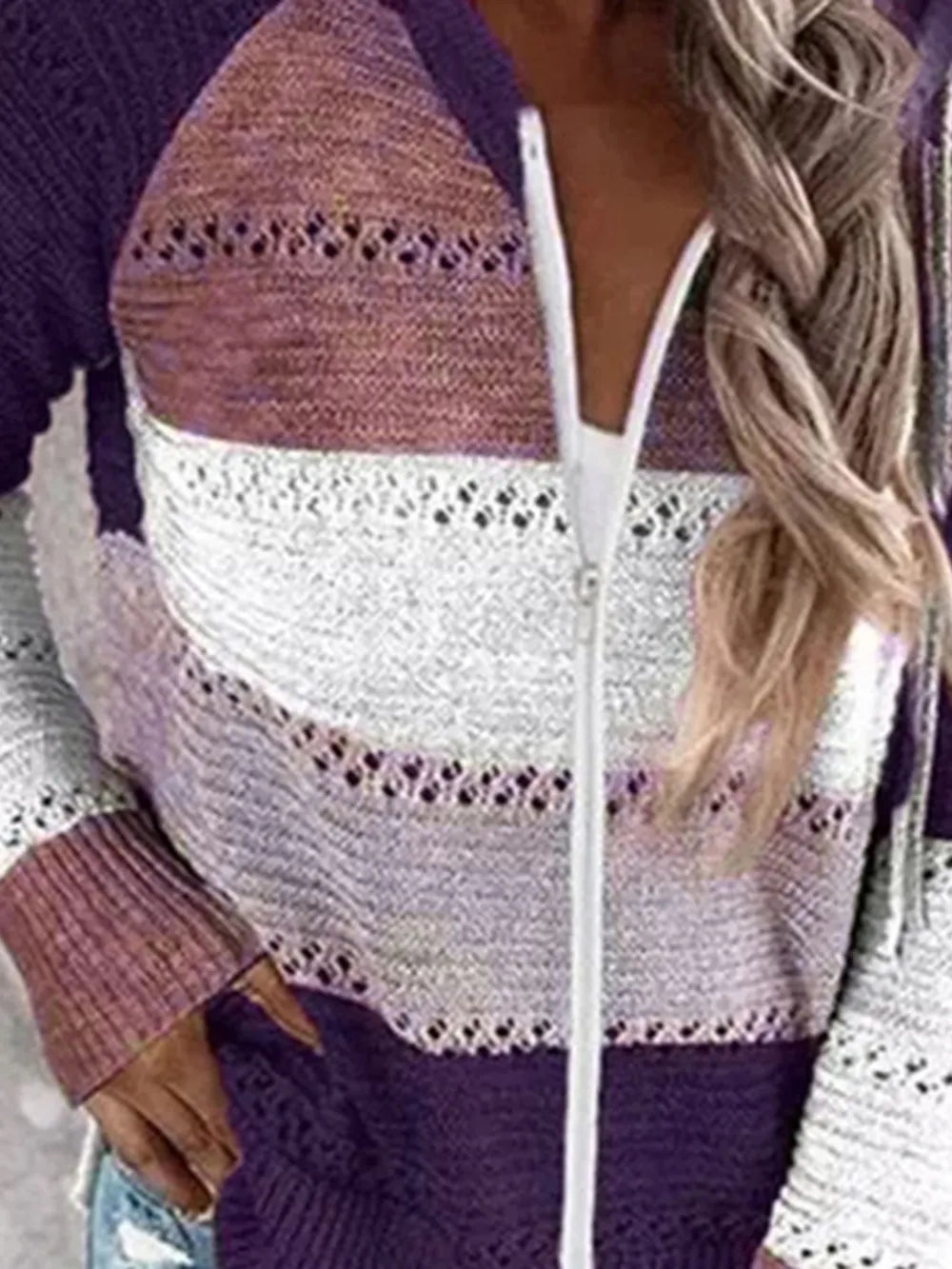 Color Block Drawstring Hooded Sweater Violet - Fashorio