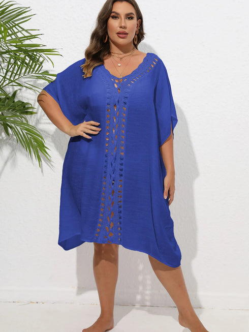 Crochet Trim V-Neck Beach Cover Up Dress Colorful Blue One Size - Fashorio