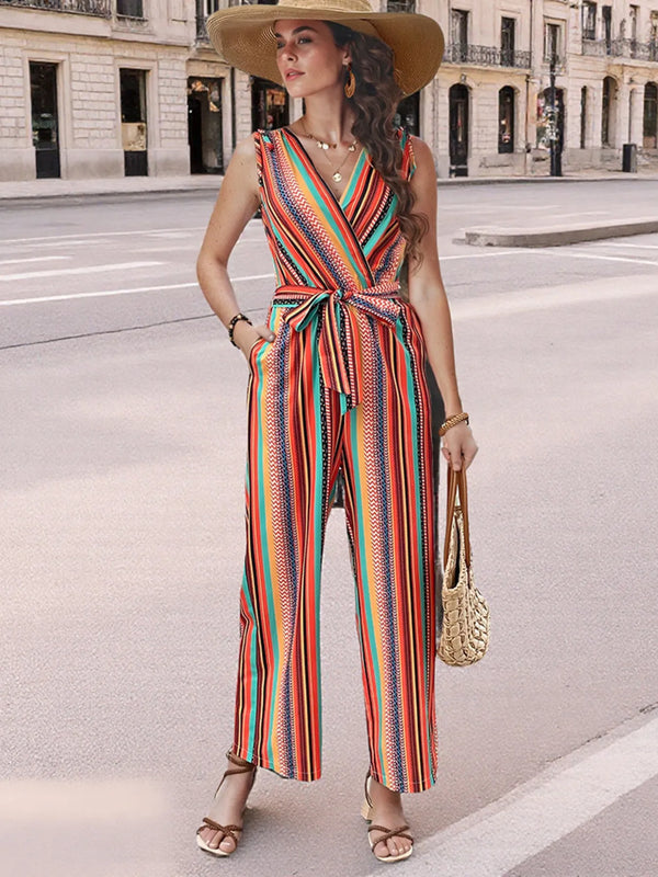 Striped Sleeveless Tie Waist Jumpsuit Orange - Fashorio