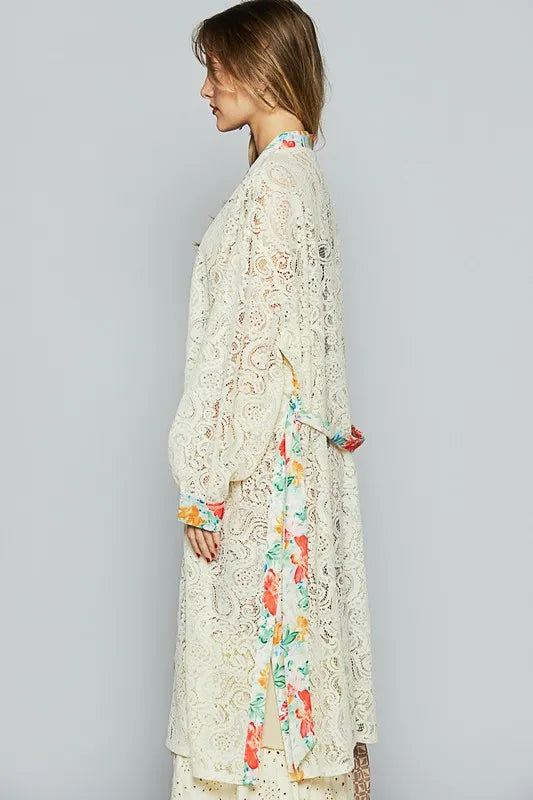 POL Floral Trim Lace Open Front Longline Cardigan - Fashorio