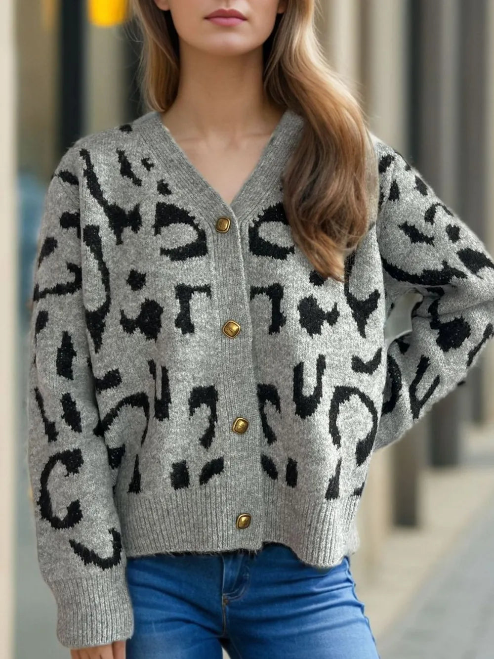 Leopard V-Neck Button Up Cardigan - Fashorio