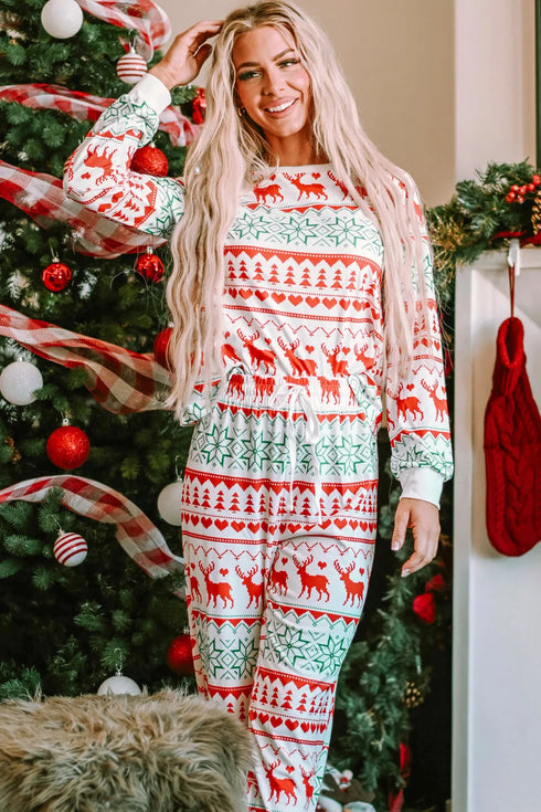 Christmas Element Round Neck Top and Pants Lounge Set White - Fashorio