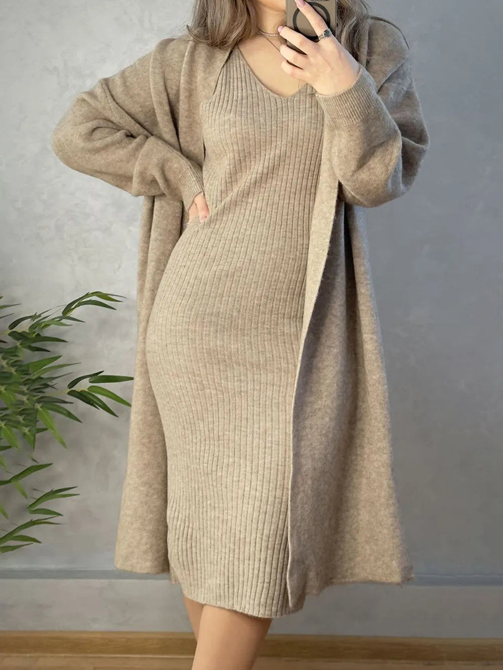 V-Neck Cami Dress and Open Front Cardigan Sweater Set - Fashorio