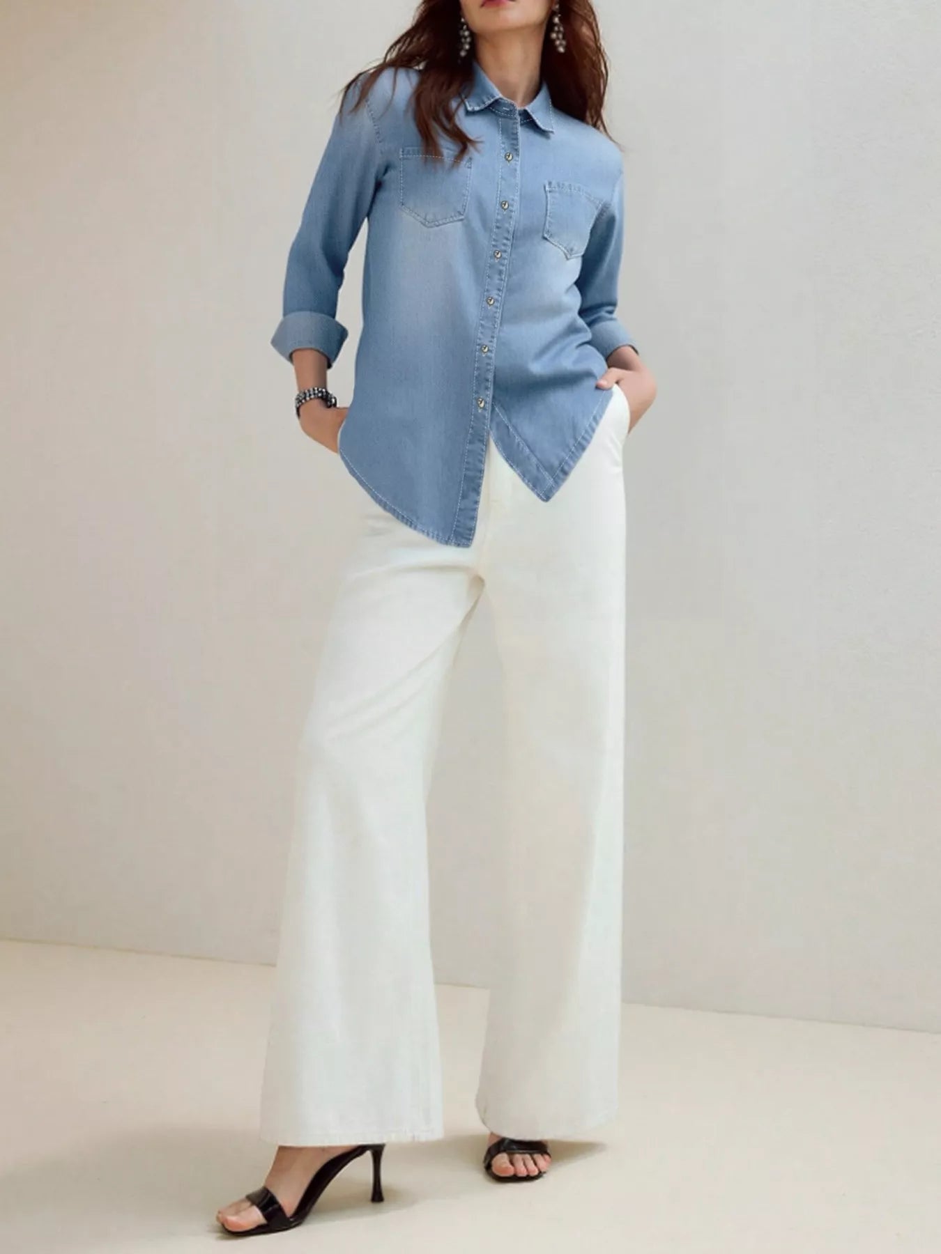 Full Size Button-Up Long Sleeve Denim Shirt Plus Size - Fashorio