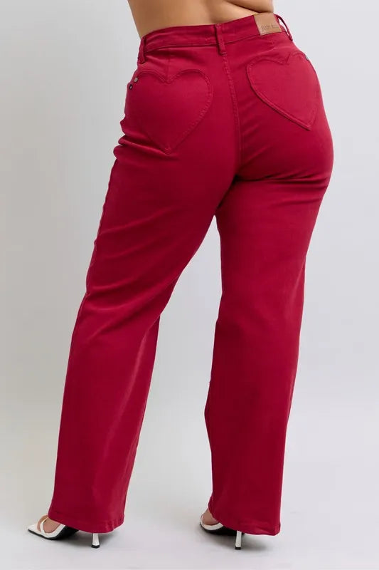 Judy Blue Full Size High Waist Heart Shaped Back Pockets 90's Straight Jeans Plus Size - Fashorio