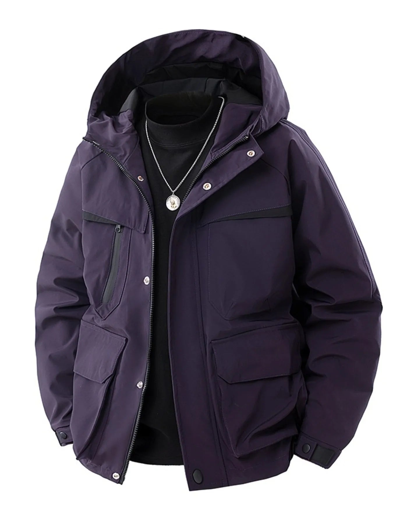 Men's Full Size Zip Up Long Sleeve Hooded Jacket Plus Size Dark Purple - Fashorio