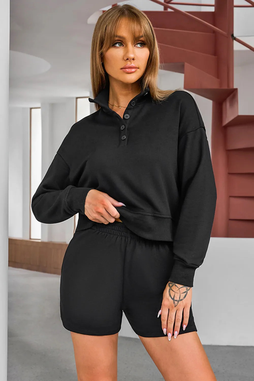 Half Button Sweatshirt and Shorts Active Set Black - Fashorio