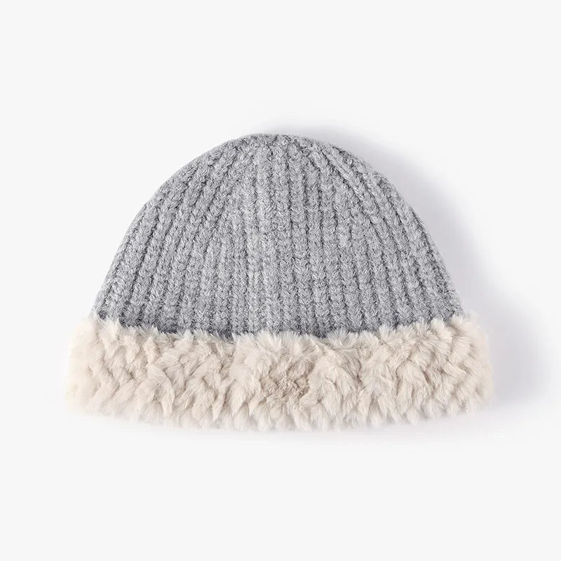 Fuzzy Hem Knit Hat Light Gray One Size - Fashorio