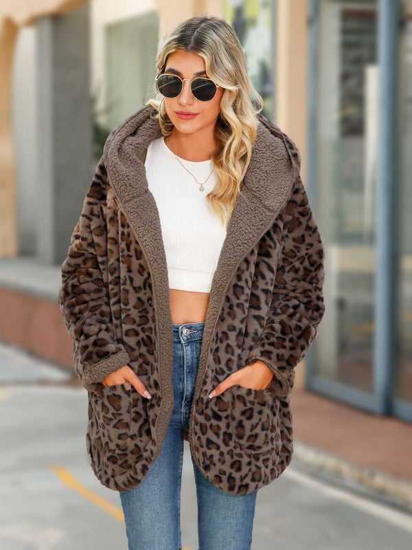 Leopard Hooded Coat with Pockets Chestnut - Fashorio