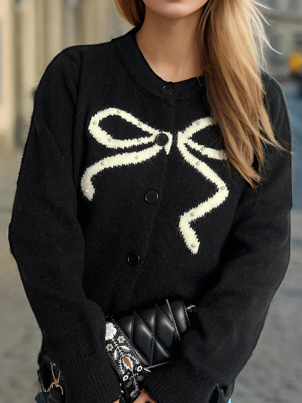 Bow Button Down Round Neck Cardigan - Fashorio