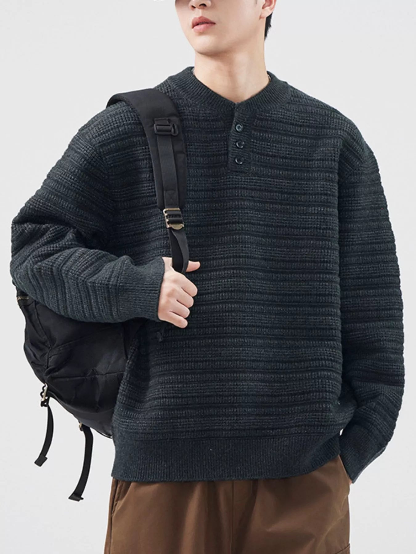 Men's Plus Size Button Detail Long Sleeve Sweater - Fashorio