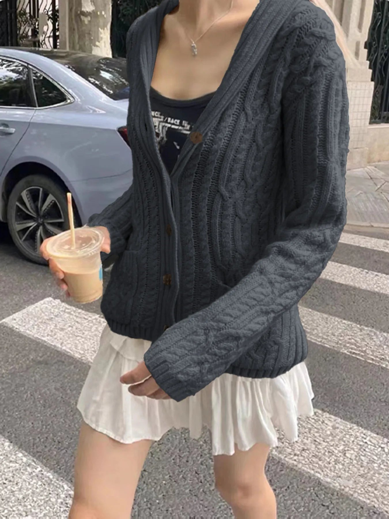 Cable Knit Button Up Cardigan Dark Gray - Fashorio