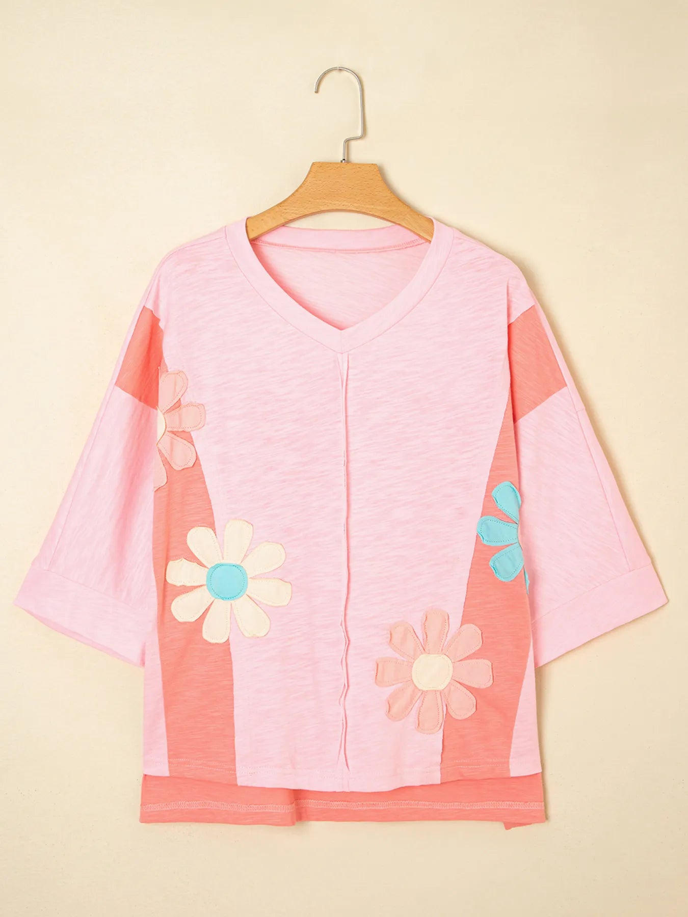 Flower Patched Exposed Seam Oversized T Shirt - Fashorio