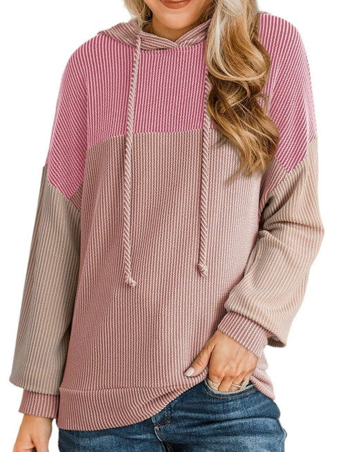 Drawstring Color Block Long Sleeve Hoodie Pink - Fashorio