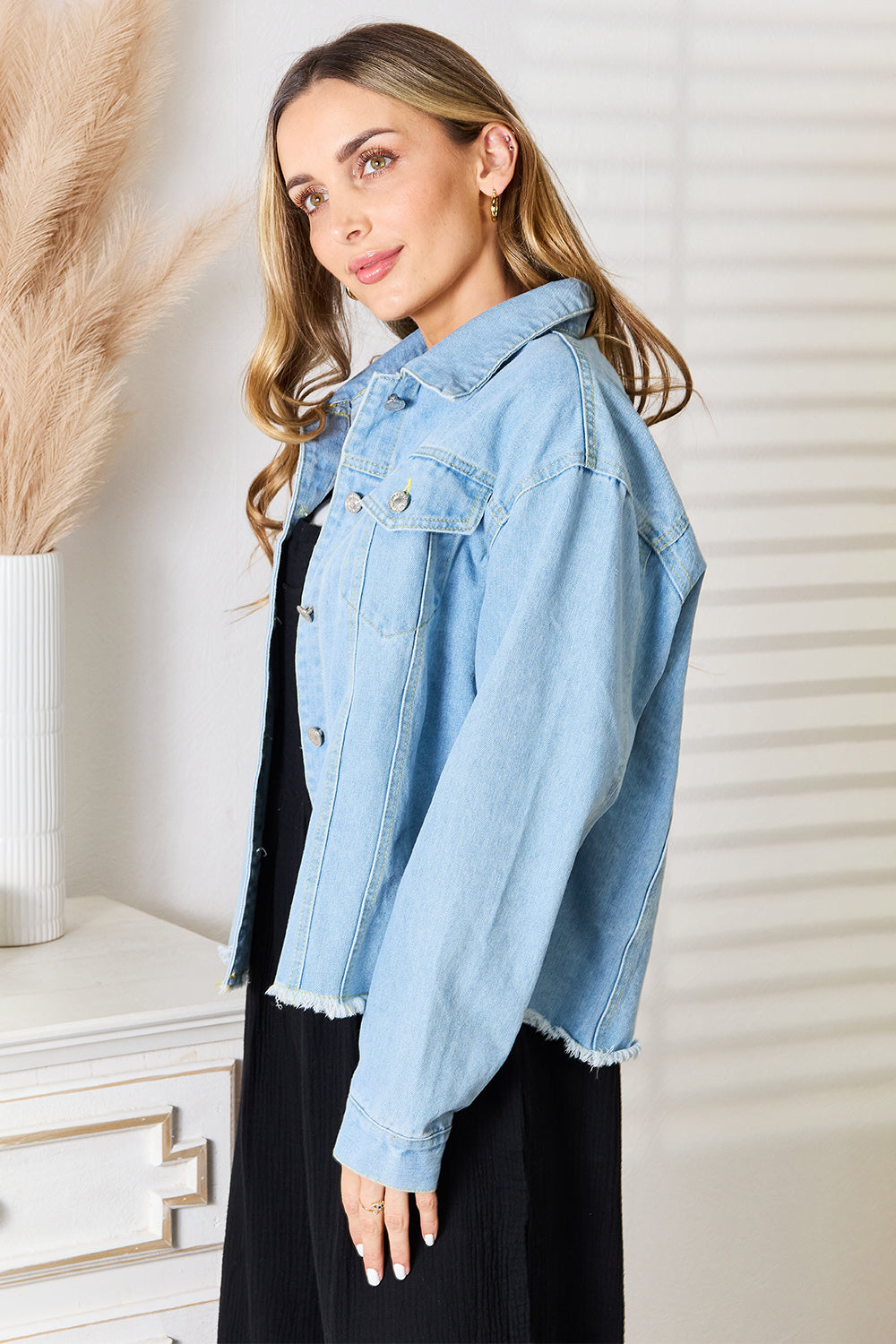 Double Take Dropped Shoulder Raw Hem Denim Jacket - Fashorio