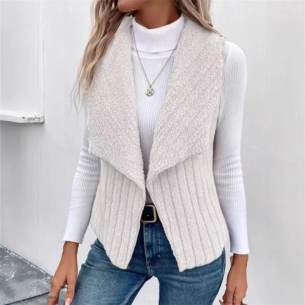 Open Front Fuzzy Vest Coat White - Fashorio