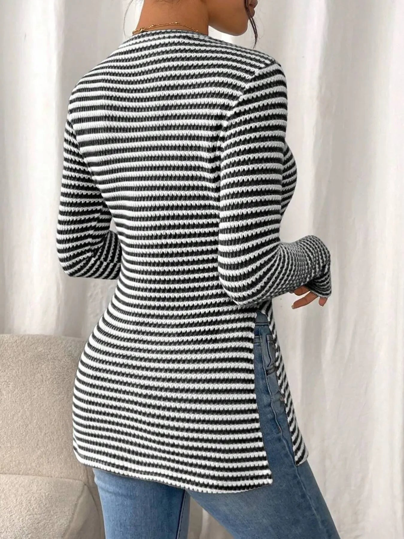 Side Slit Striped Long Sleeve T-Shirt - Fashorio