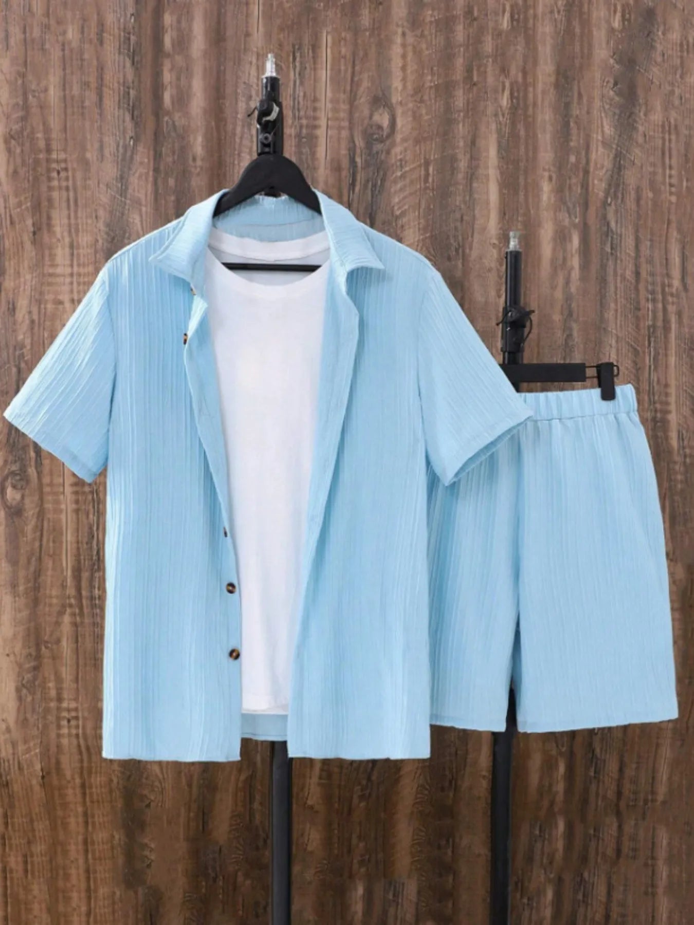 Men's Plus Size Button Up Short Sleeve Shirt and Shorts Set Light Blue - Fashorio