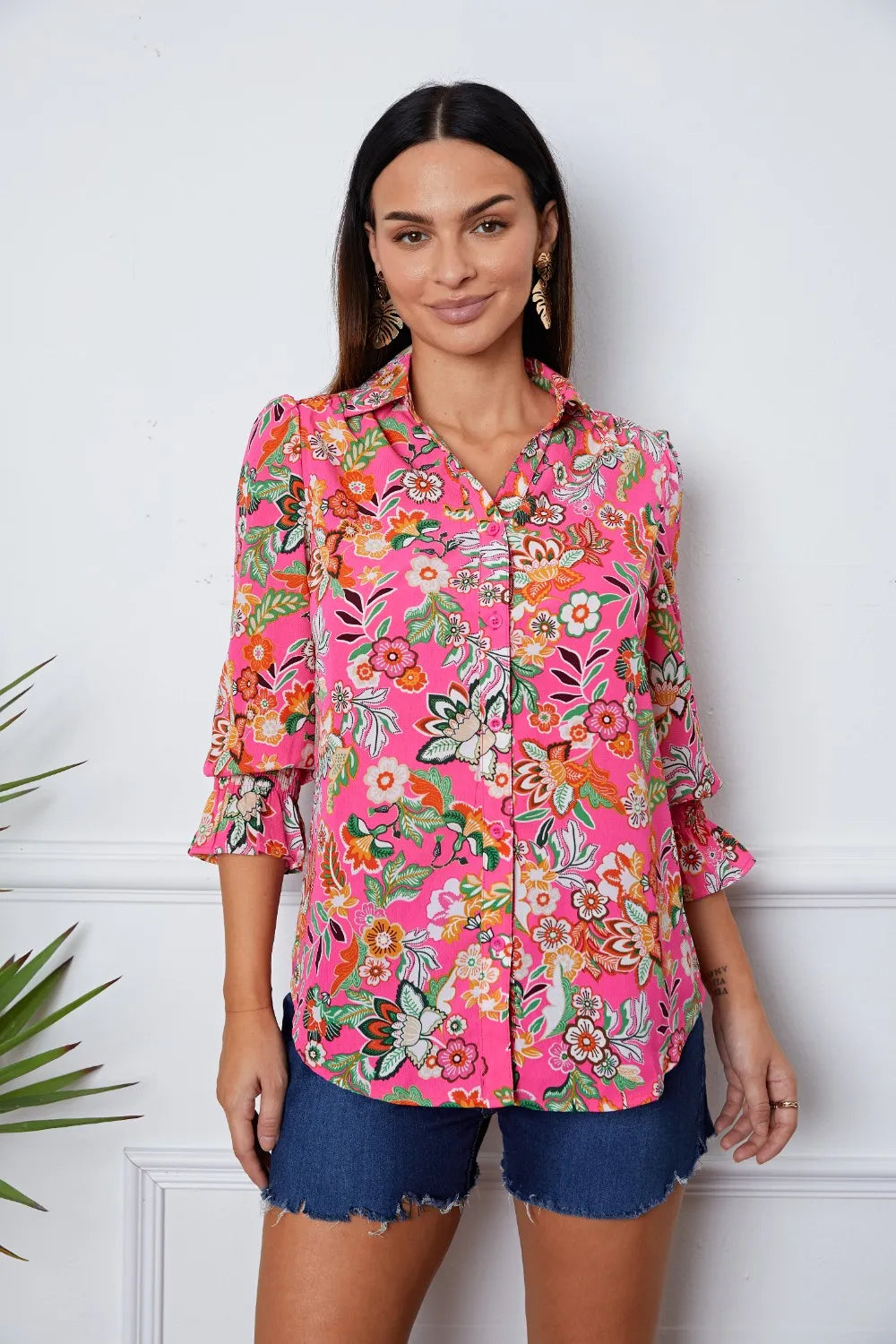Floral Button Up Flounce Sleeve Shirt - Fashorio