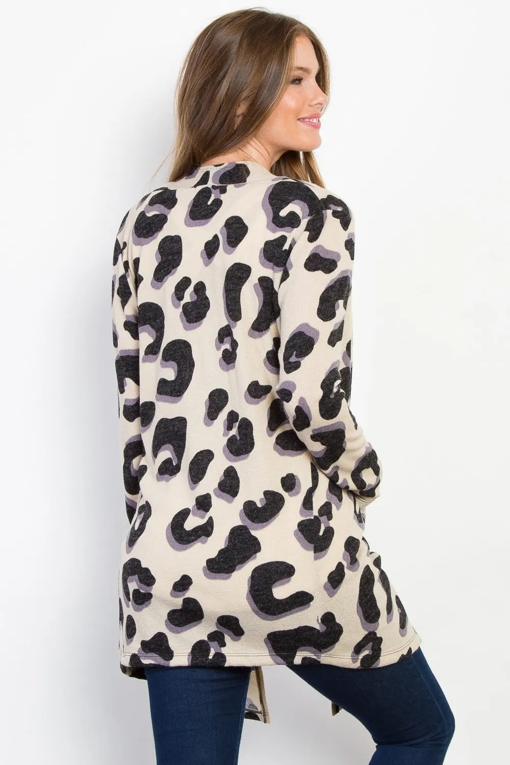 Be Stage Printed Open Front Knit Cardigan with Pockets - Fashorio